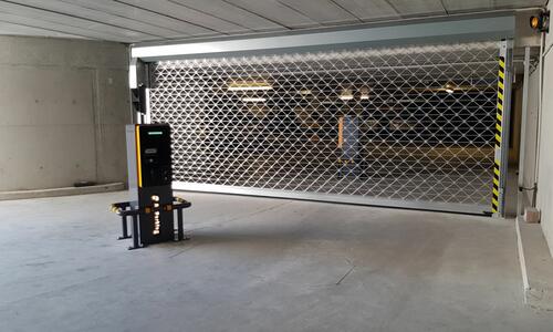 Entrance to the parking lot in the underground garages equipped with terminals