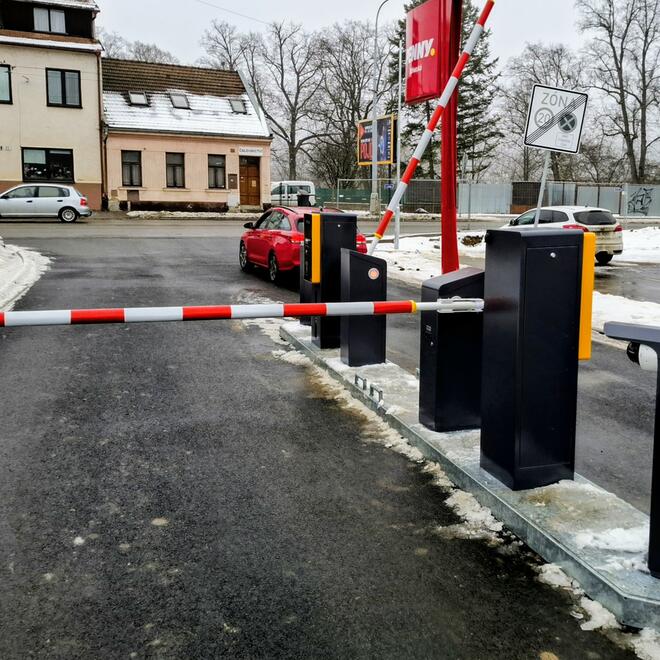 Ticket parking system with cameras in the parking lot in front of the Penny Market in Obřany, Brno