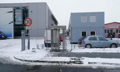 Turnstile doors for the outside entrance to the Olympus campus